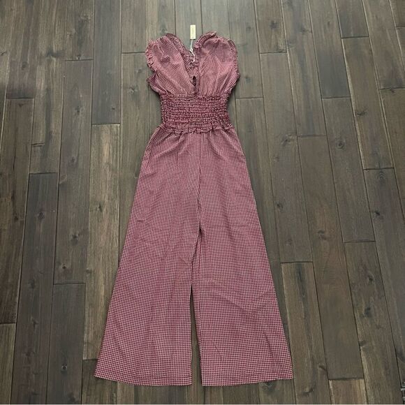 Max Studio Red Patterned Ruffle Wide Leg Sleeveless Smocked Waist Jumpsuit S NWT - Picture 1 of 5